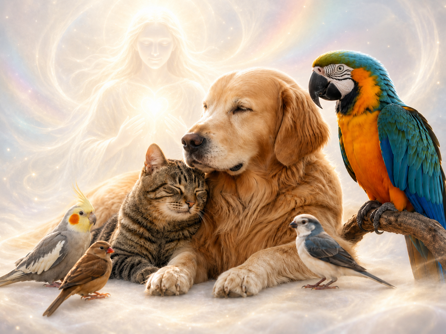 A collage of a dog, a cat, a parrot, a cockatiel, and a finch resting on a soft surface with a glowing, celestial figure in the background holding a heart-shaped light.