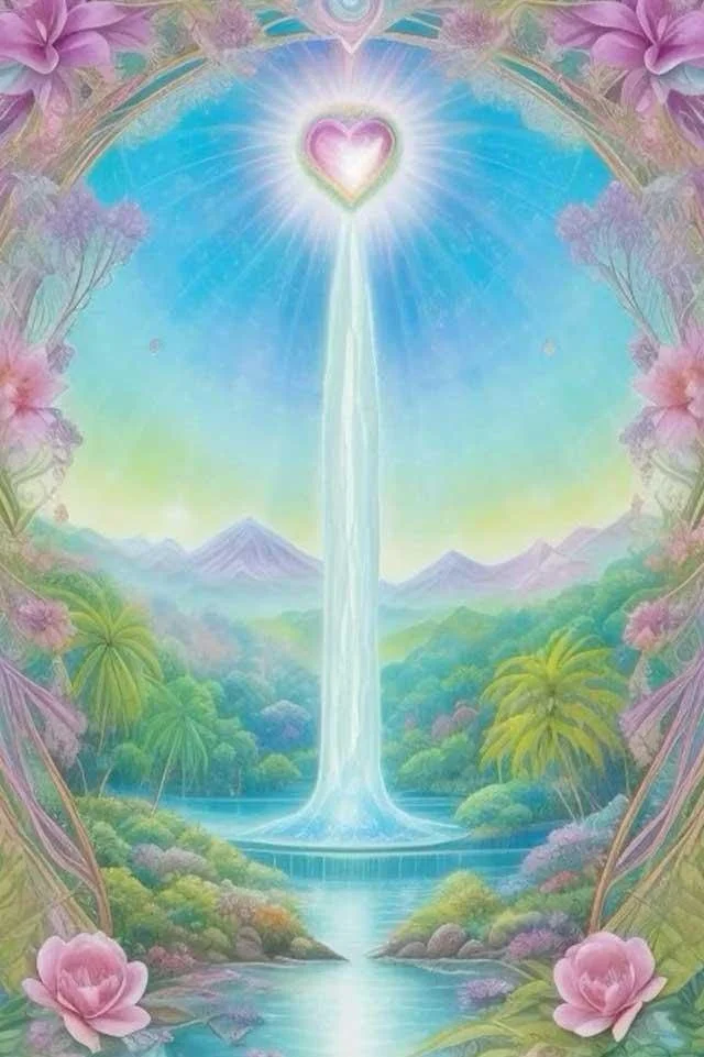 A pastel-colored fantasy landscape featuring a waterfall flowing from a luminous heart-shaped source in the sky, surrounded by pink flowers, lush green trees, and mountain scenery in the background.