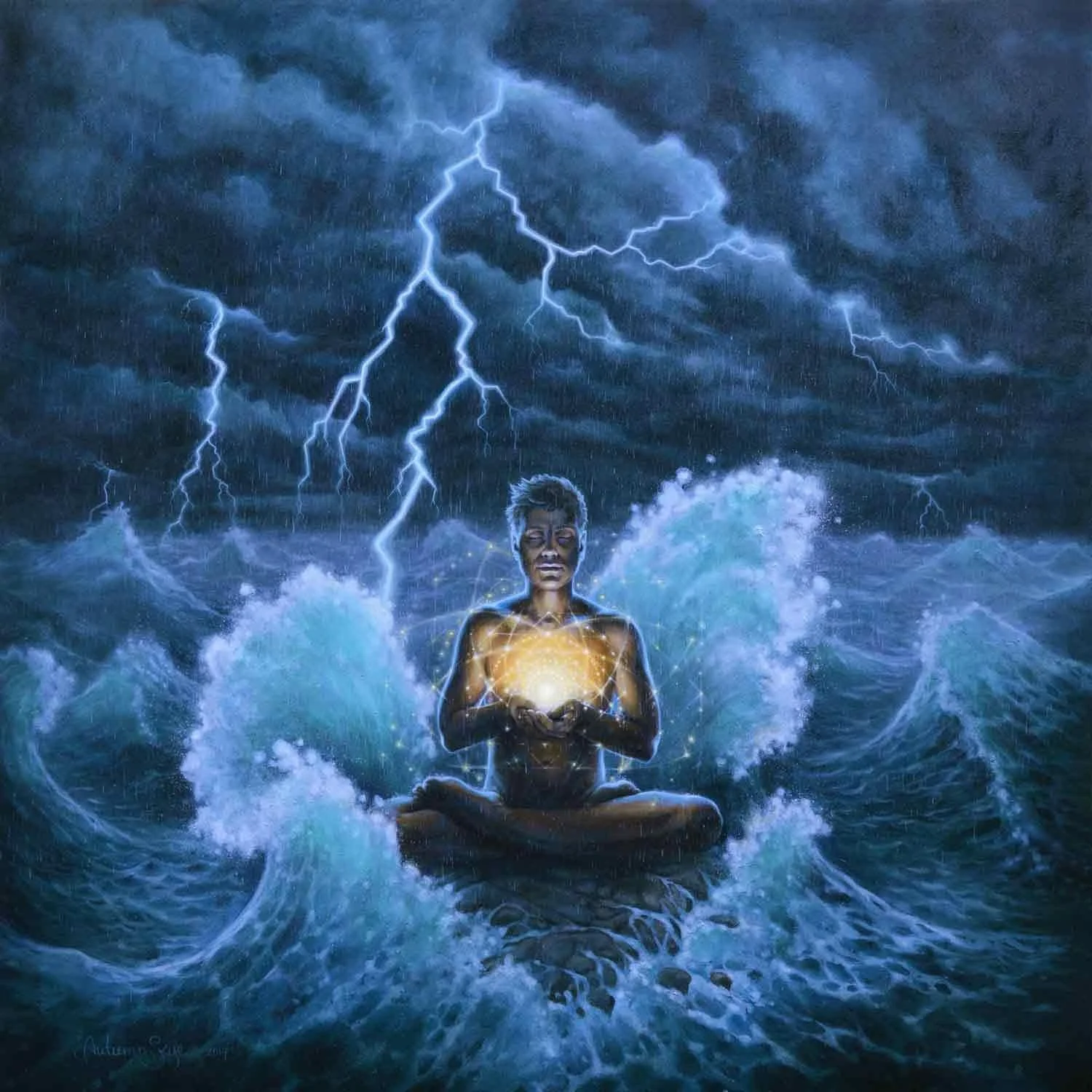 A digital artwork of a woman sitting in a meditative pose on water, with a stormy sky filled with lightning in the background. She holds a glowing sphere in her hands, and her body and surroundings are depicted with mystical, glowing effects.