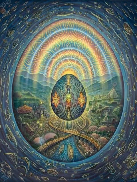 A colorful, surreal artwork depicting a large central egg with intricate patterns, surrounded by rainbow-like concentric arcs and a vibrant landscape with small structures, trees, and a pathway.