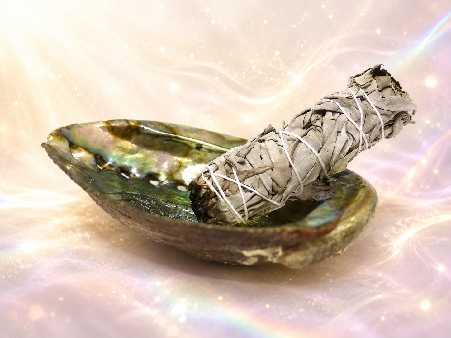 An abalone shell with a bundle of sage smudge stick resting inside it, set against a swirling, glowing background.