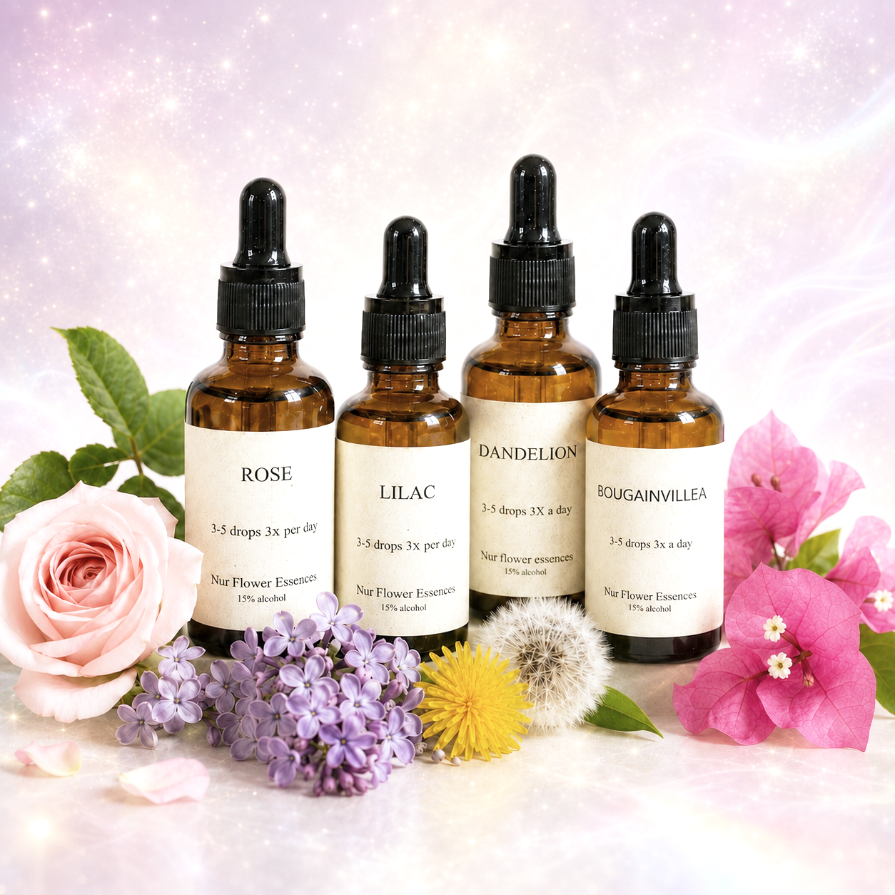Four small amber glass bottles with black dropper caps labeled Rose, Lilac, Dandelion, and Bougainvillea, surrounded by various flowers including a pink rose, purple lilacs, a yellow dandelion, a white dandelion puffball, and pink bougainvillea flowers, set against a sparkly, light-colored background.