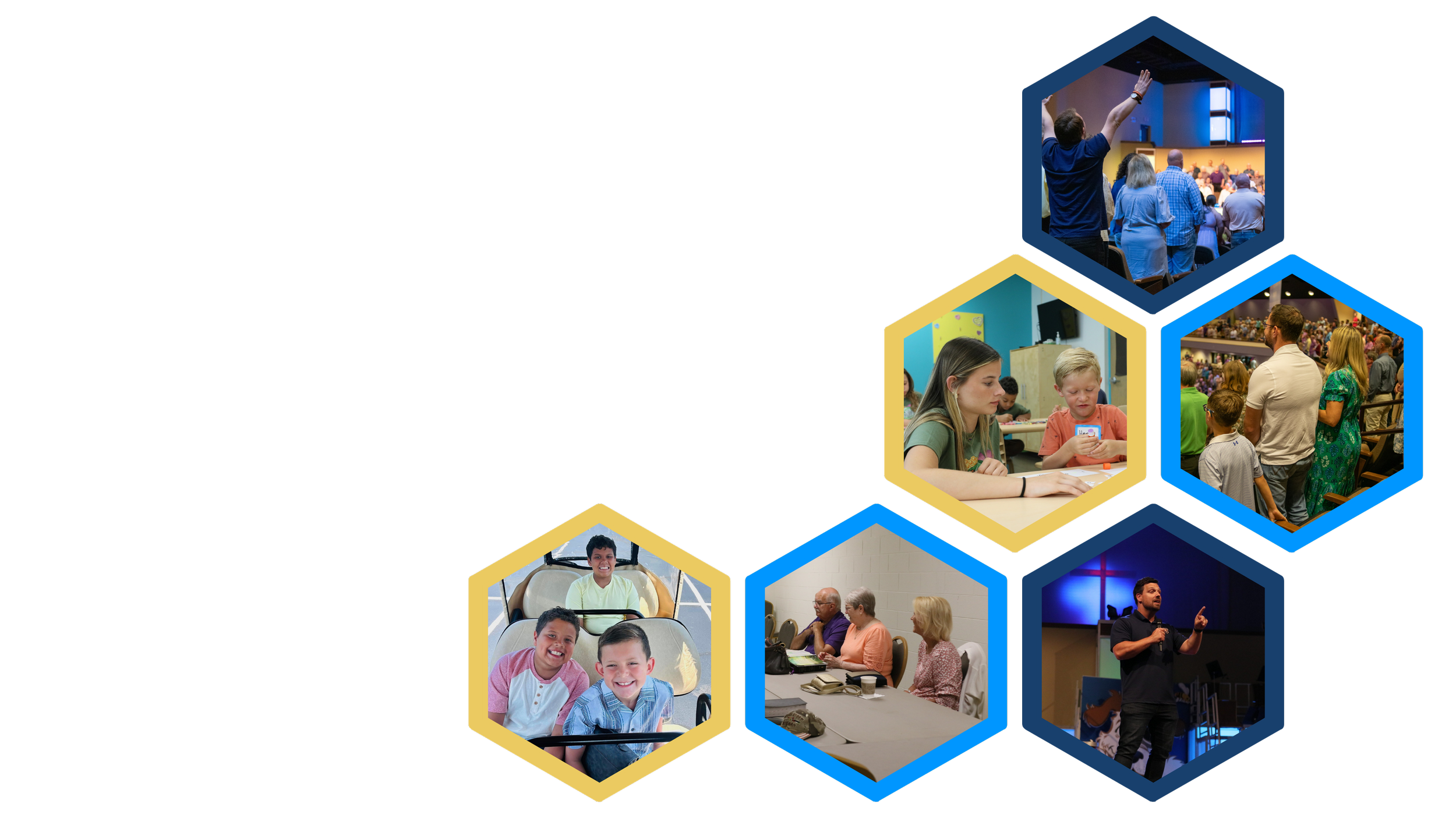 Collage of various community or church events and gatherings, including people attending a conference, children playing, a church service, and a speaker at a podium.