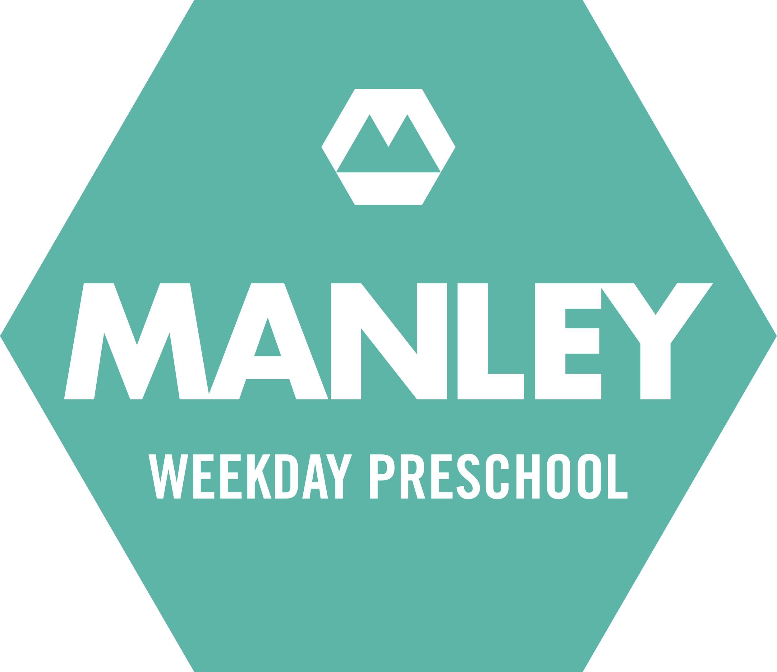A teal hexagon logo with a white mountain icon at the top, the word "MANLEY" in large white letters in the middle, and "WEEKDAY PRESCHOOL" in smaller white letters at the bottom.