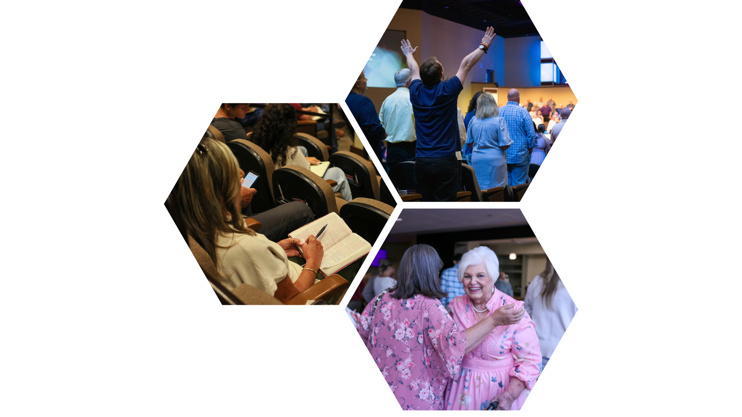 Collage of three images from a conference or event: one shows people sitting and taking notes, another shows people standing and participating in a prayer or worship, and the third shows two women smiling and sharing a moment of conversation.