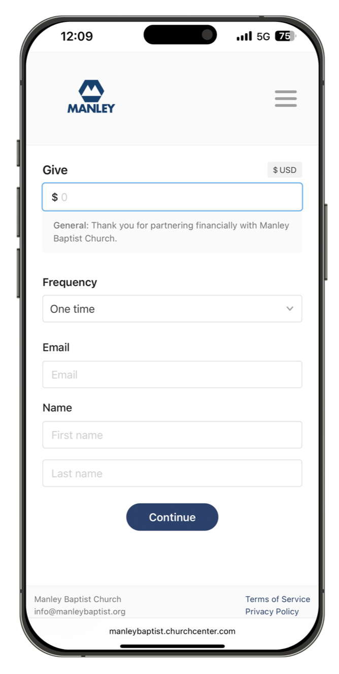 Mobile donation form for Manley Baptist Church showing fields for donation amount, frequency, email, and name.