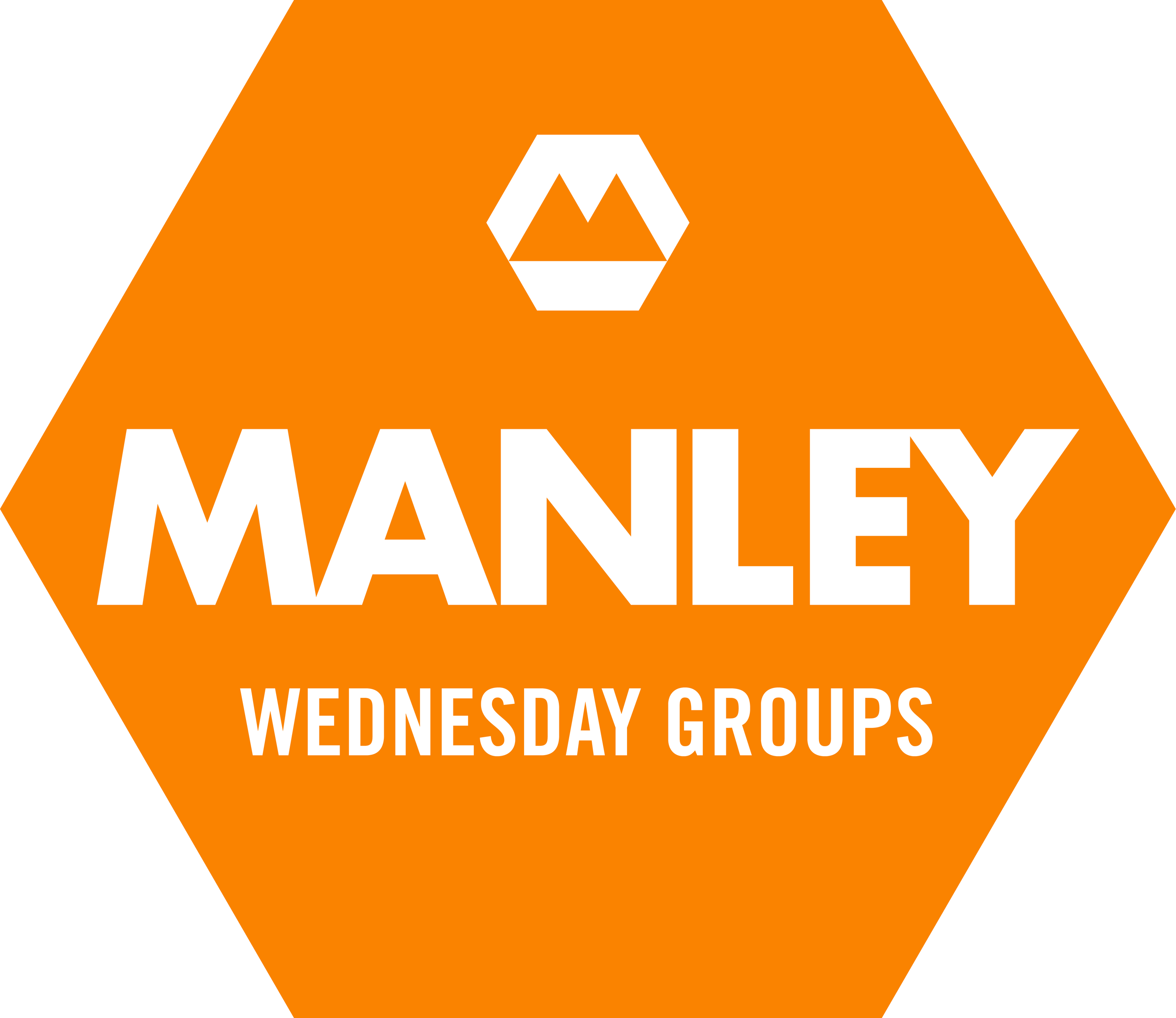 An orange hexagon with the white Manley logo at the top. The word "MANLEY" is written in large white letters in the center. Below it, "WEDNESDAY GROUPS" is written in smaller white letters.