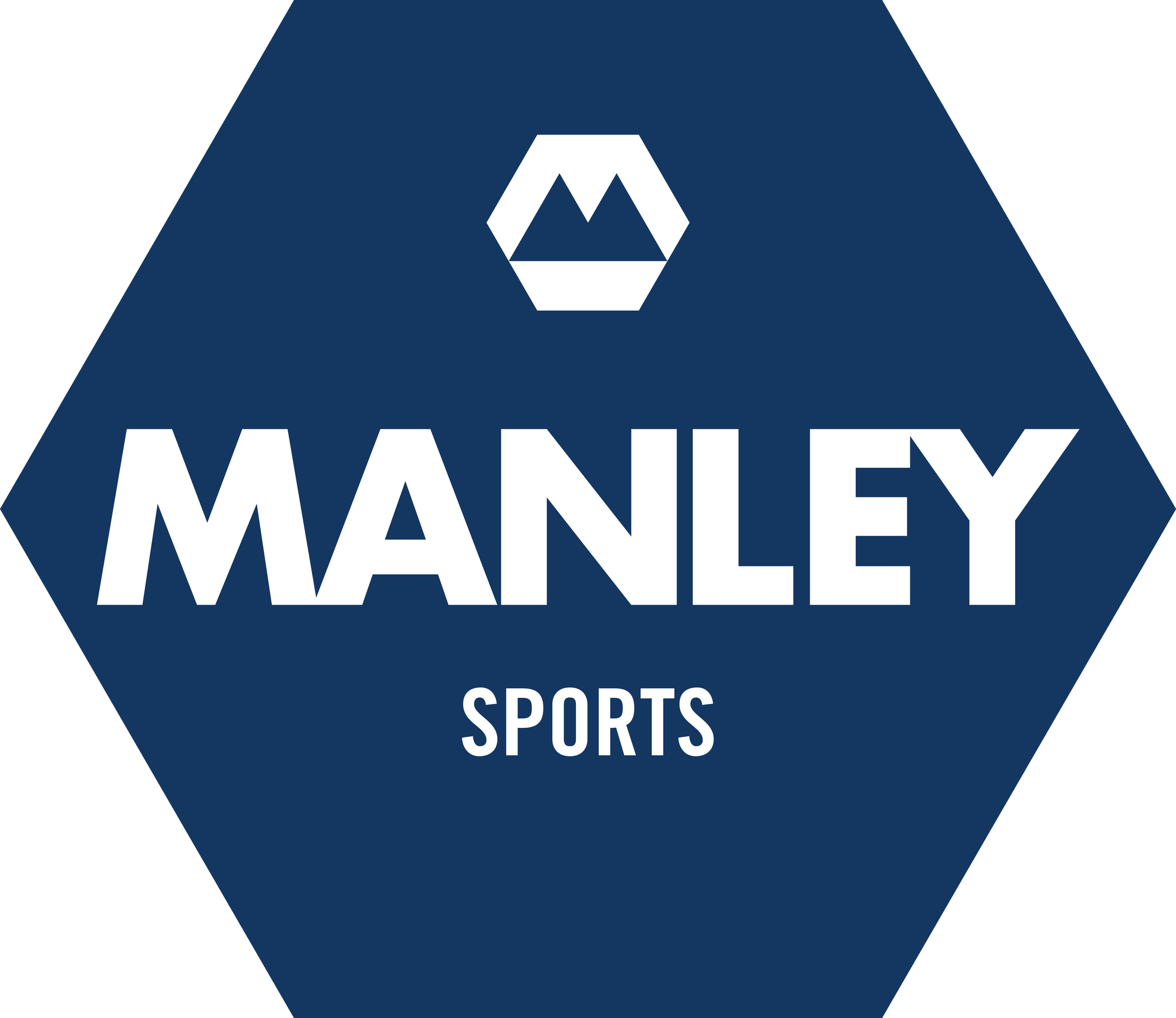 Logo of Manley Sports featuring a hexagonal icon and text in white on a dark blue background.
