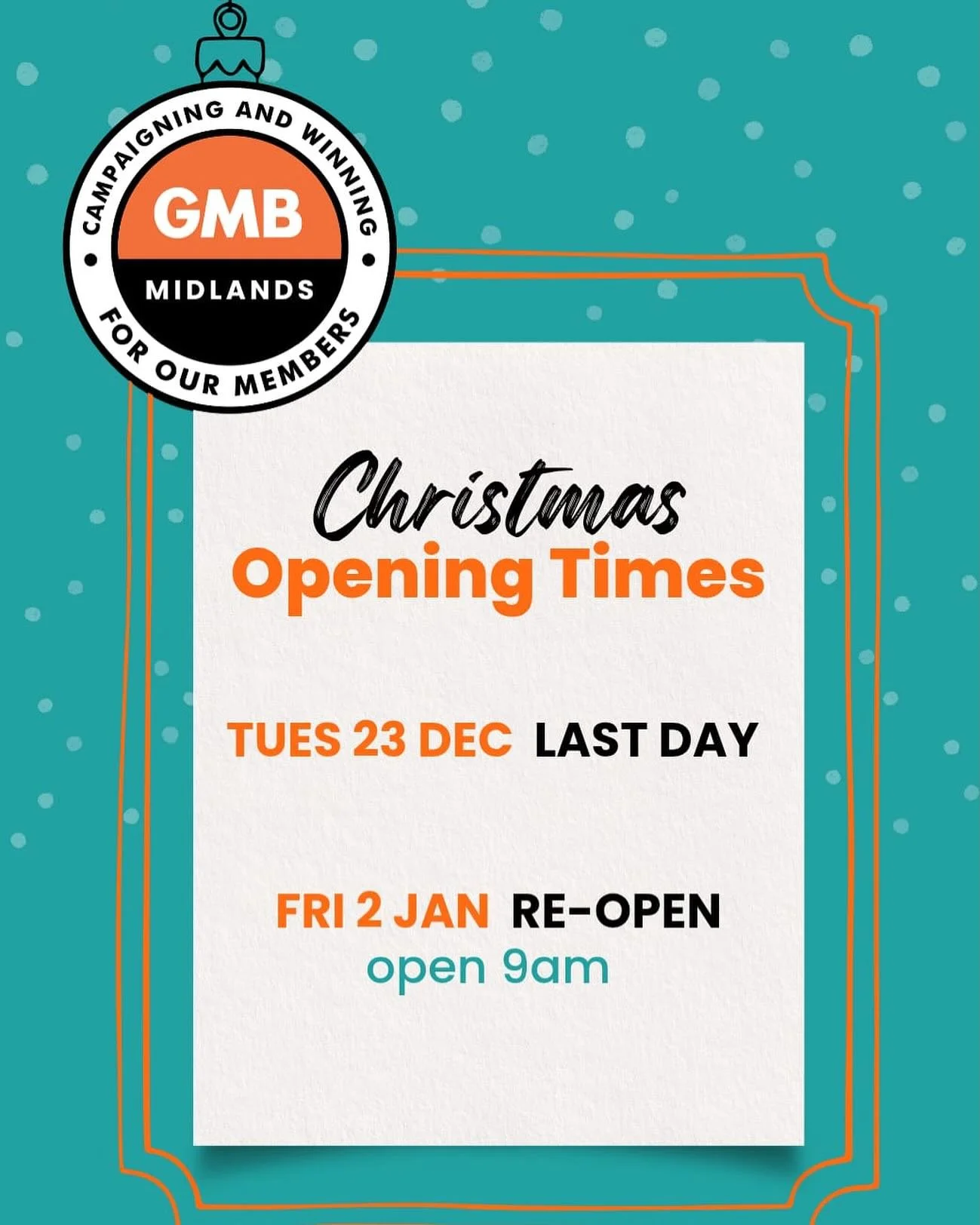 Our office opening dates for the 2025 Christmas break🎄 

You can find important information online at gmb.org.uk