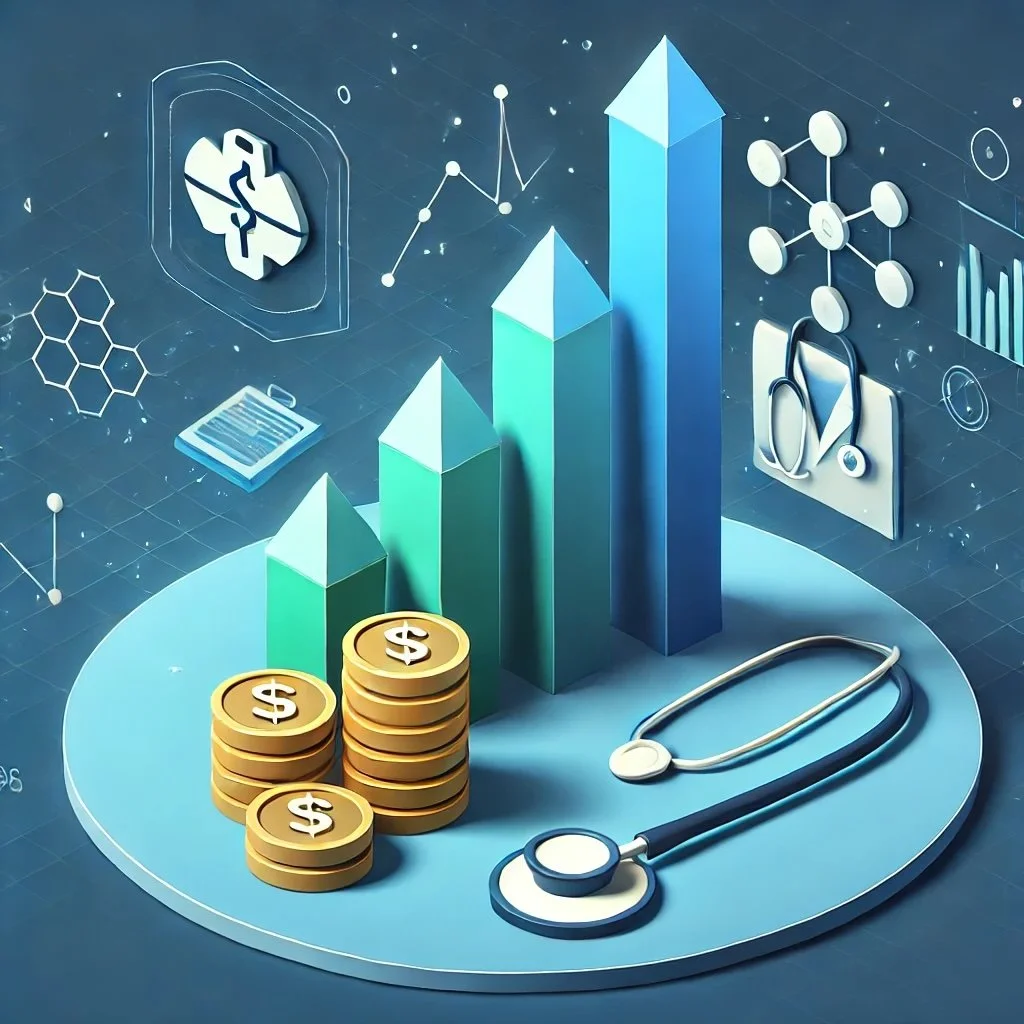 Healthcare and finance concept illustration with bar graph, dollar coins, stethoscope, and medical symbols.