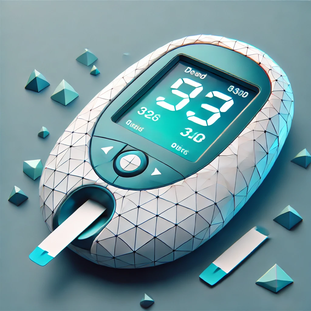 Futuristic glucose meter displaying readings, with geometric design and testing strips.