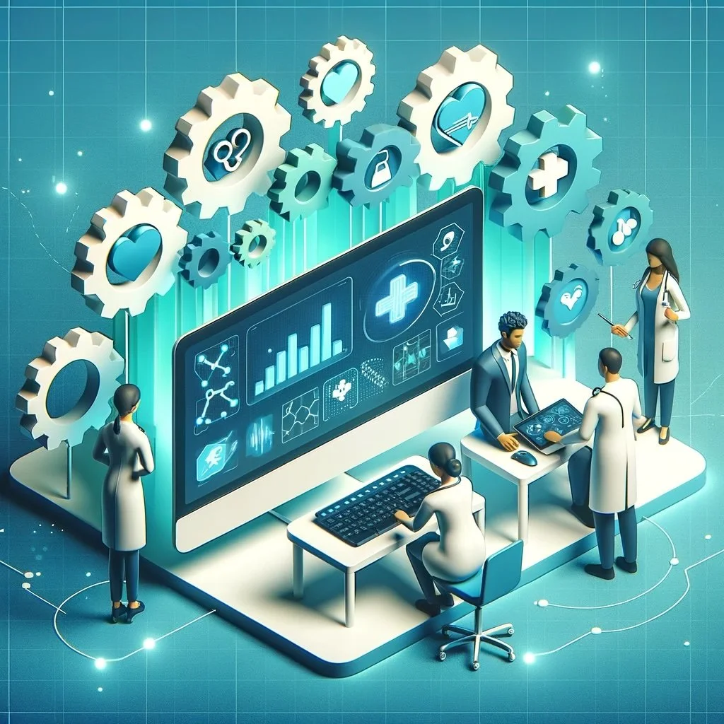Digital illustration of doctors analyzing medical data on screens surrounded by gears symbolizing healthcare and technology integration.