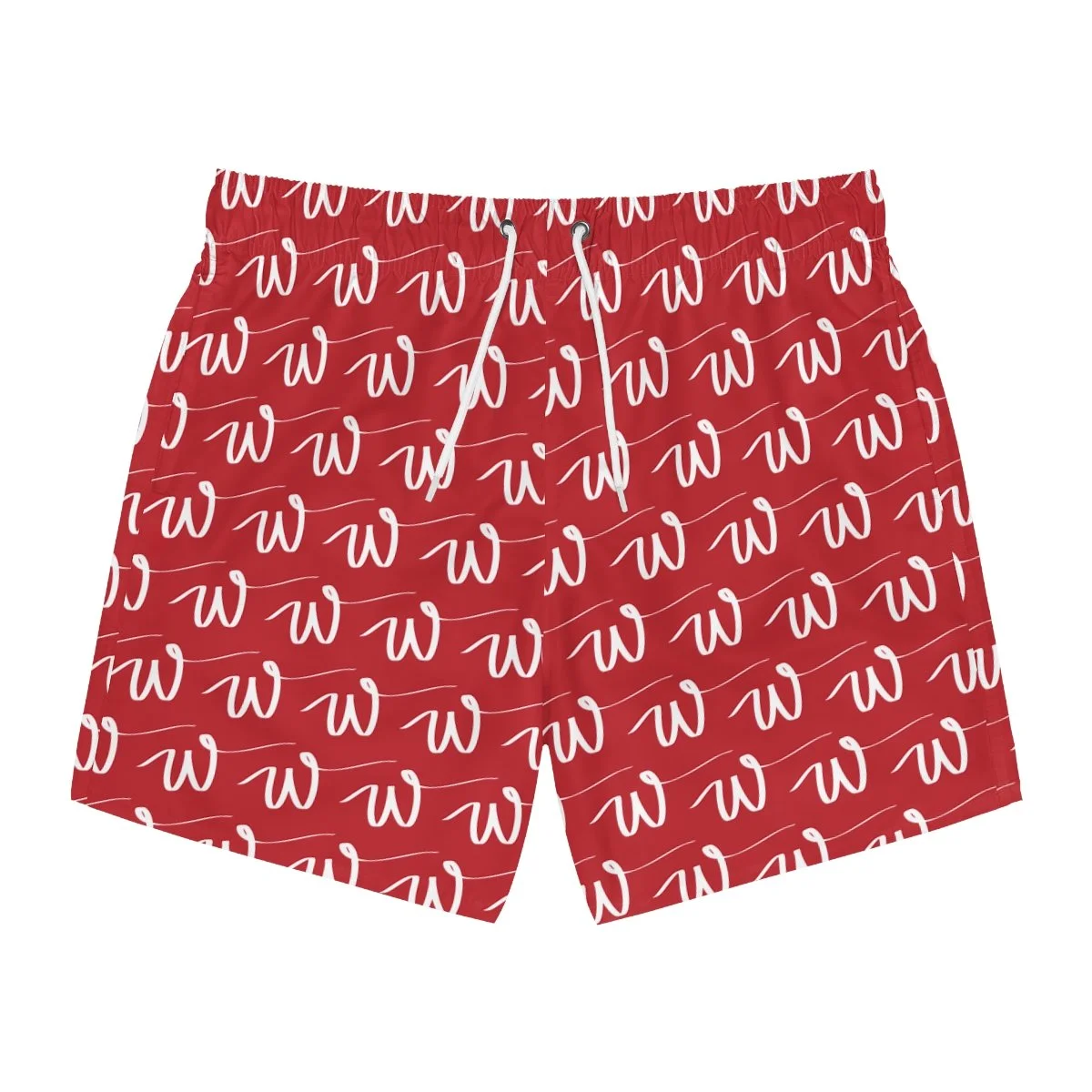 Red shorts with a white cursive script pattern.