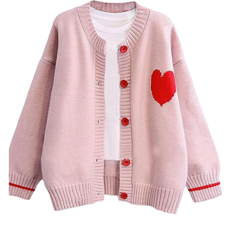 Pink Varsity Button up Cardigan with red Heart