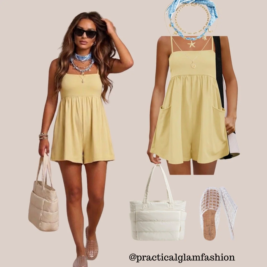 Butter yellow is THE color of summer and this romper is the easiest way to wear it.

Truly a one-and-done outfit, you step into it, add a couple of fun details, and you're out the door looking effortlessly cute. ✨ The bandana necklace gives it a play