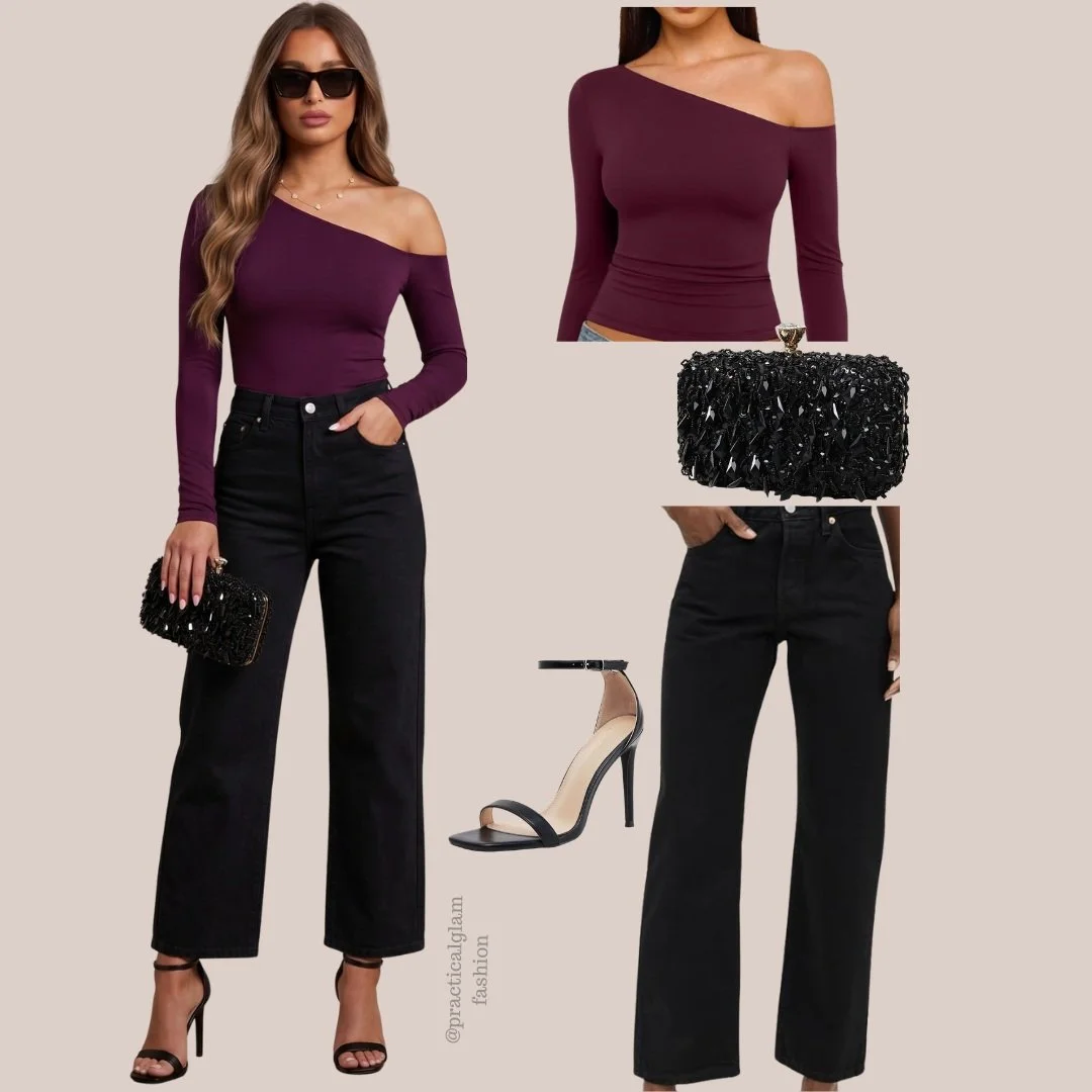 Every girl needs that ONE perfect date-night outfit, and I think I found it. 🍷🖤

This plum one-shoulder top is everything for fall. It's rich, a little sultry, and so pretty with black wide-leg jeans. Add strappy heels, a sparkly clutch, and a berr