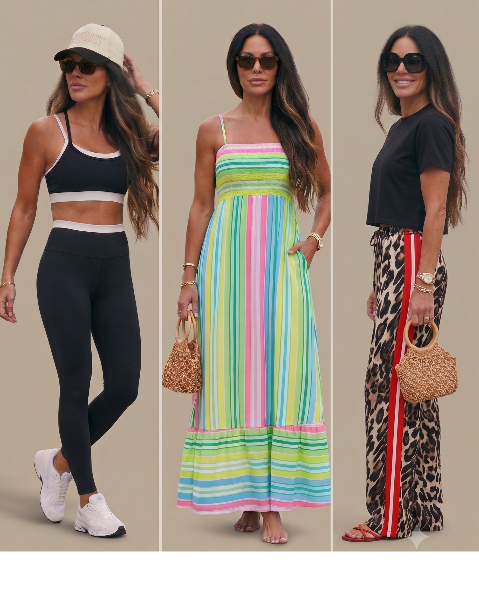 Woman with three different outfits on