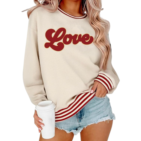 White Sporty Love Sweater with red stripes