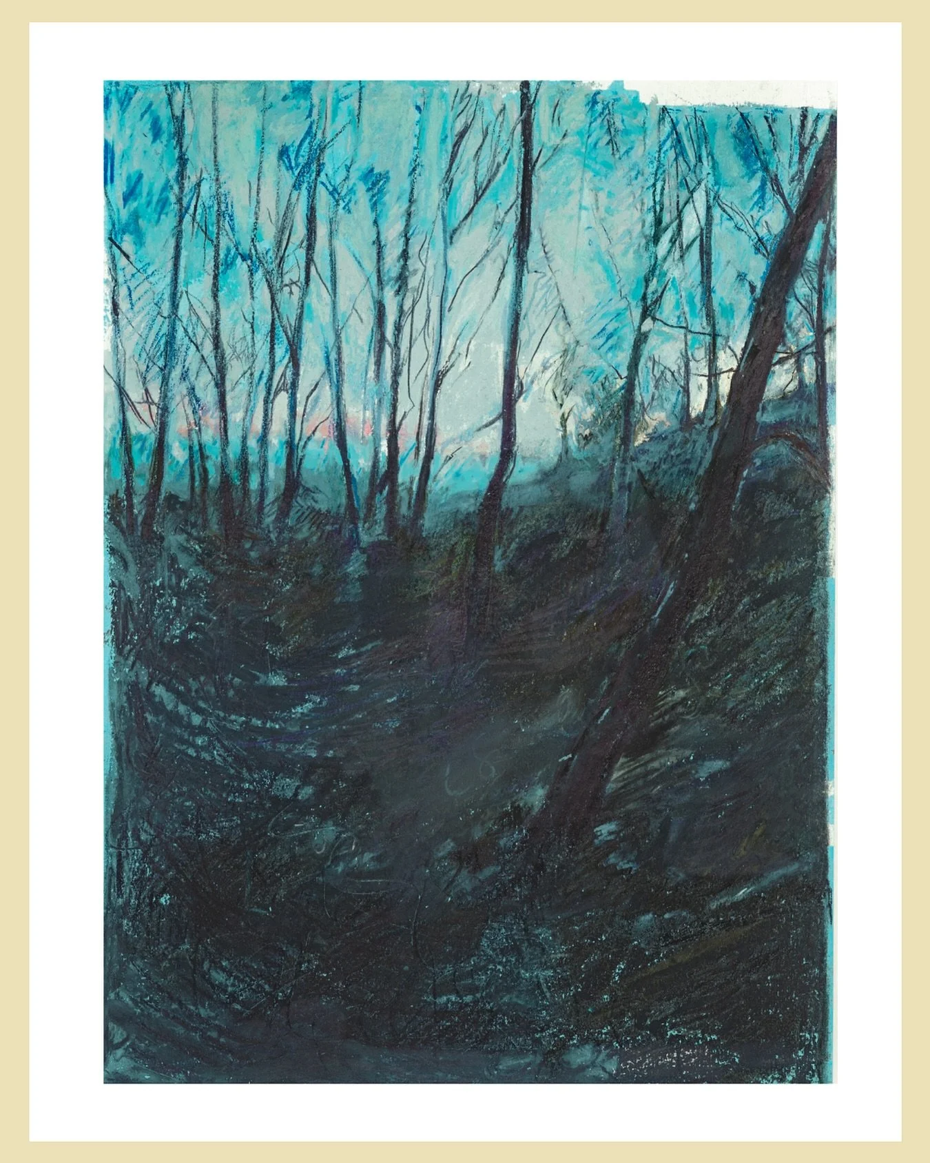 ONCE A WOOD - FEBRUARY
29 CM x 39 cm
Chalk pastel over acrylic paint on paper  This ongoing project encompasses drawings, textile pieces, and prints based on a series of photographs taken at 6 a.m. each week from the same spot in the same woodland. T