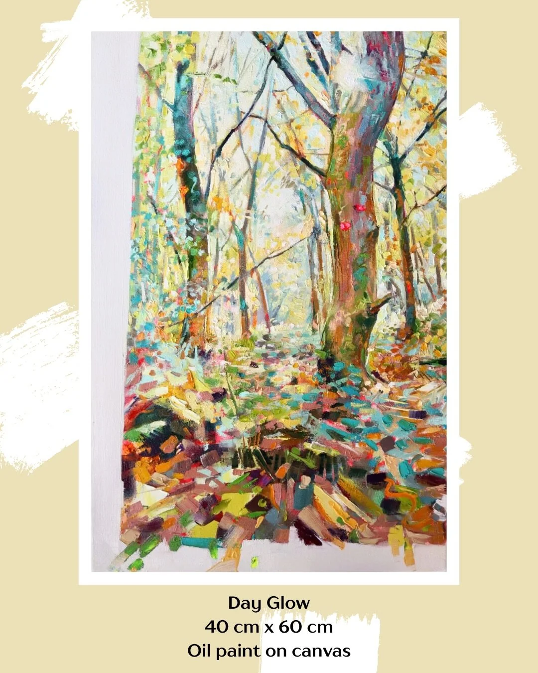 Day Glow 40 cm x 60 cm Oil paint on canvas
When I was a child, I have a vivid memory of my dad describing the absolute awe he felt when he first encountered something fluorescent. I&rsquo;m reminded of the pop of excitement he spoke of when I walk th