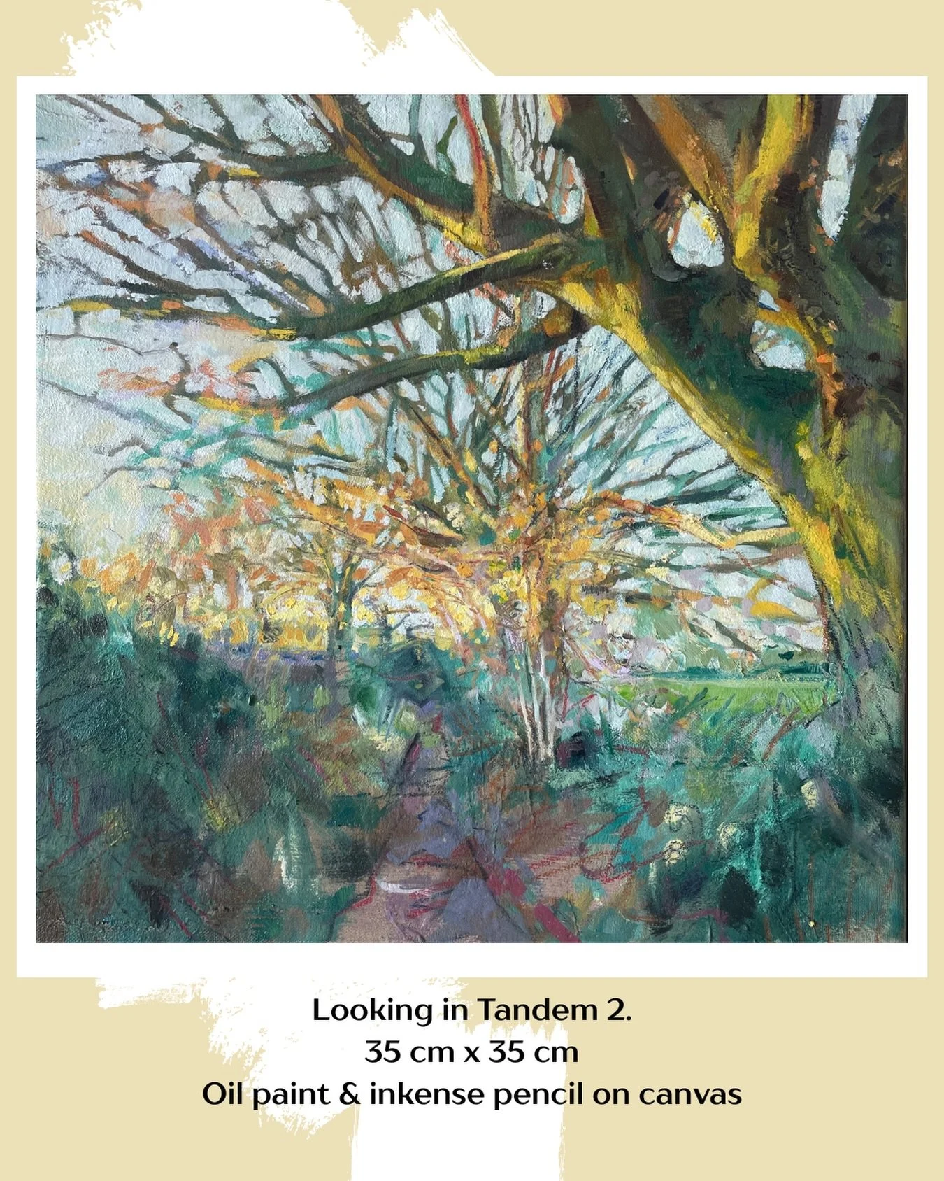 Looking in Tandem 35 cm x 35 cm Oil paint on canvas collage
These twin paintings evoke the companionship of walking and talking: two people gazing together, sharing the same wondrous view, each from their own slightly different human perspective. #ma