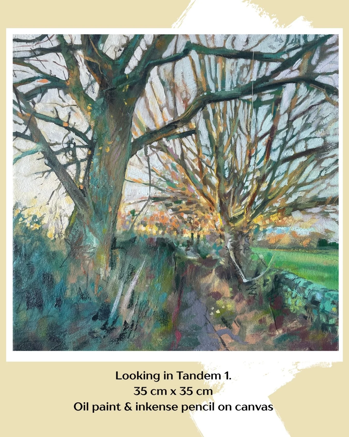 Looking in Tandem 35 cm x 35 cm Oil paint on canvas collage
These twin paintings evoke the companionship of walking and talking: two people gazing together, sharing the same wondrous view, each from their own slightly different human perspective. #ma