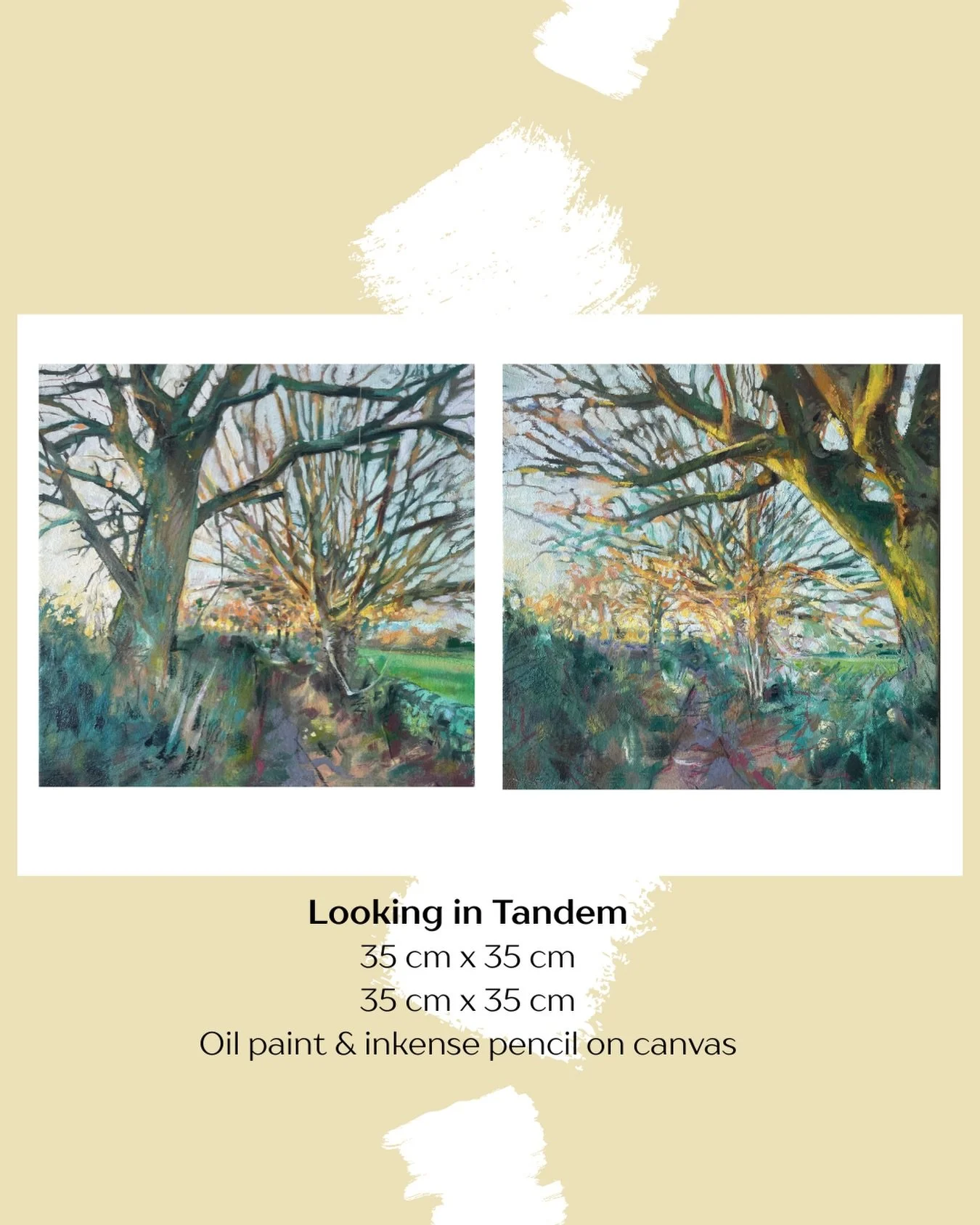 Looking in Tandem 35 cm x 35 cm Oil paint on canvas collage
These twin paintings evoke the companionship of walking and talking: two people gazing together, sharing the same wondrous view, each from their own slightly different human perspective. #ma