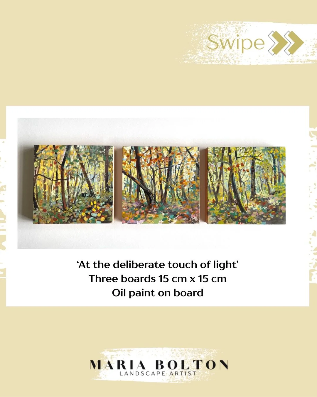 &lsquo;At the deliberate touch of light&rsquo;
Three boards 15 cm x 15 cm
Oil paint on board

I really enjoy the sense of playing bouncing light and shadows in this lovely Lemn Sissay poem:

Shadow bow with lowered eyes
At the deliberate touch of lig