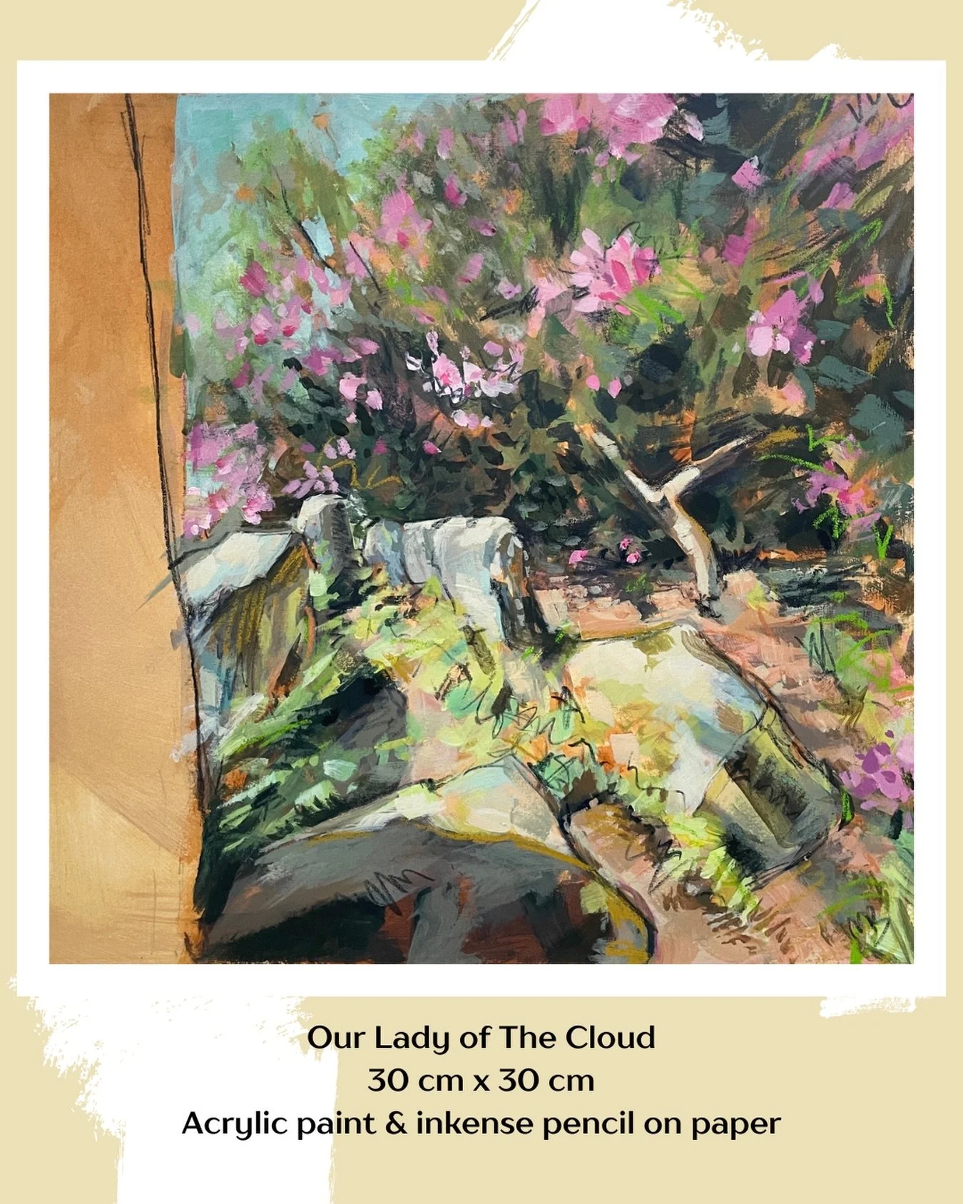 Our Lady of The Cloud
30 cm x 30 cm
Acrylic paint and Intense pencil on paper

Bridestones is an Early Neolithic chambered long cairn near The Cloud, on the Staffordshire&ndash;Cheshire border. Hidden among the rhododendrons, I have long been drawn t