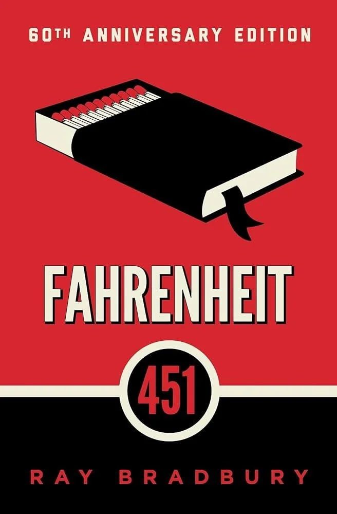 Book cover for Fahrenheit 451, 60th Anniversary Edition by Ray Bradbury, featuring a stylized black book with piano keys on the top, set against a red background.