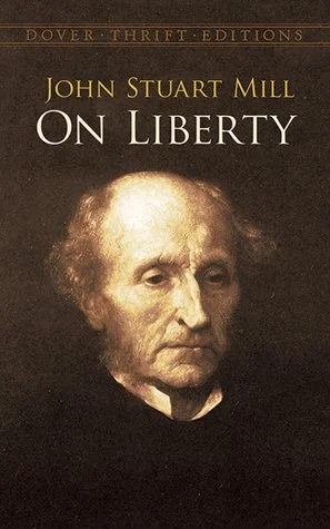 Book cover of 'On Liberty' by John Stuart Mill, published by Dover Thrift Editions, featuring a portrait of John Stuart Mill.