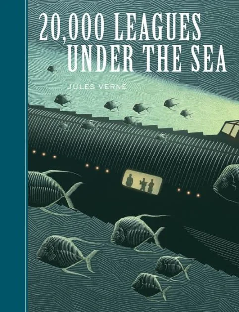 Cover of the book titled '20,000 Leagues Under the Sea' by Jules Verne, depicting an underwater scene with fish, a submarine, and divers.