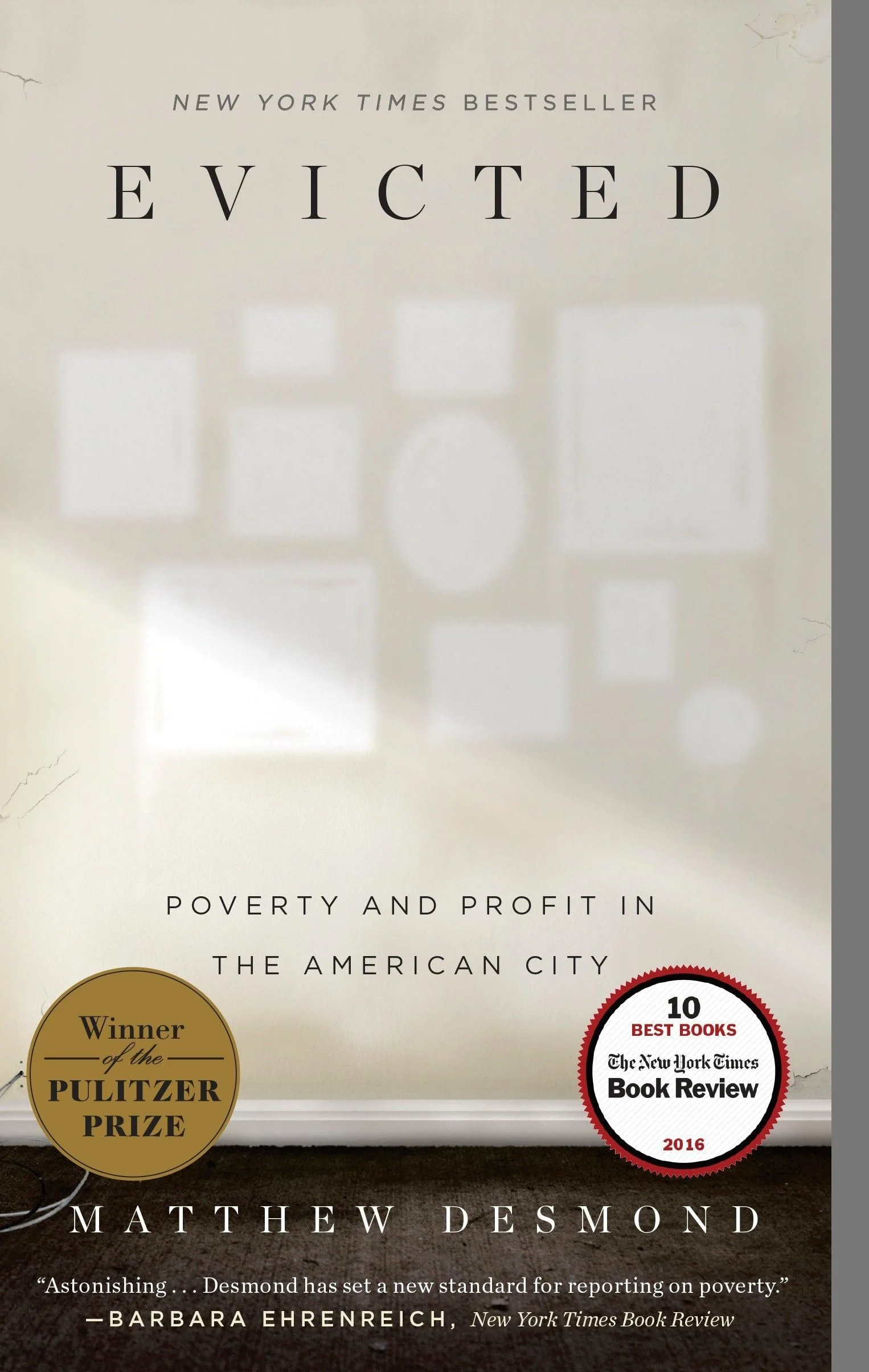 Book cover of 'Evicted' by Matthew Desmond, featuring a shadow of a collage of rectangles and circles on a light background, with medals indicating awards from the New York Times and the New York Times Book Review.