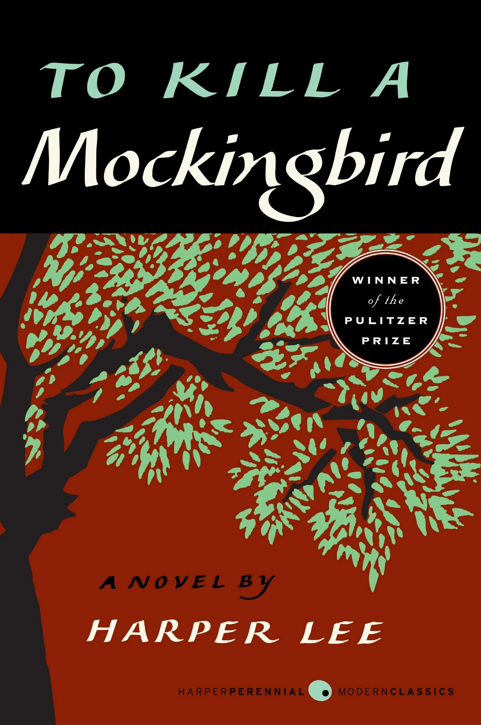 Cover of the book 'To Kill a Mockingbird' by Harper Lee, featuring a tree with green leaves on a brown background and a black top section.