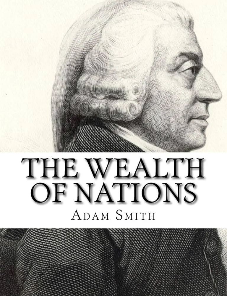 Book cover titled "The Wealth of Nations" by Adam Smith, featuring a detailed black-and-white illustration of 18th-century man with curled wig and formal attire.