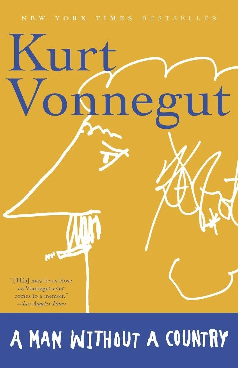 Book cover of 'A Man Without a Country' by Kurt Vonnegut. The cover features a minimalistic white line drawing of a person's profile on a yellow background. The title is in large white text at the bottom, and the author's name is in large dark blue text at the top. There is a quote from Los Angeles Times in small text near the bottom left. The cover also mentions that the book is a New York Times bestseller.