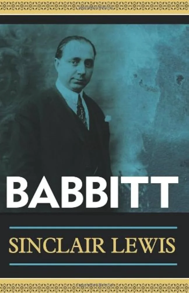 Book cover featuring a black and white portrait of Sinclair Lewis wearing a suit and tie, with the title 'Babitt' in large white letters, and the author's name in gold below, decorated with gold and blue borders.