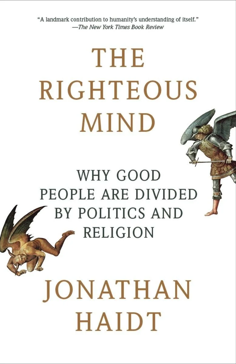Book cover of 'The Righteous Mind' by Jonathan Haidt, with illustrations of a small dragon-like creature and a winged warrior.