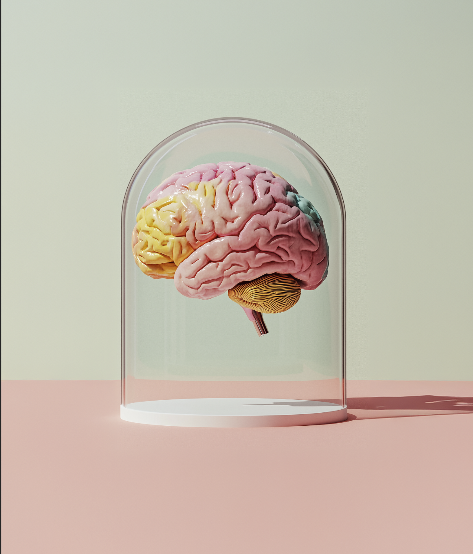 Colorful model of a human brain inside a glass enclosure with a pastel pink and mint background.