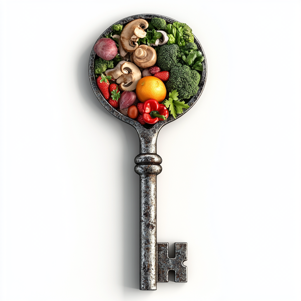 A vintage key with a round head filled with fresh vegetables and fruits including strawberries, broccoli, mushrooms, red bell pepper, grape, orange, and leafy greens.
