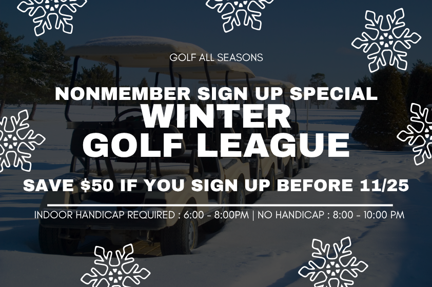 An advertisement for a winter golf league with a background image of a golf cart on snow, snowflake decorations, and text promoting a special sign-up offer.