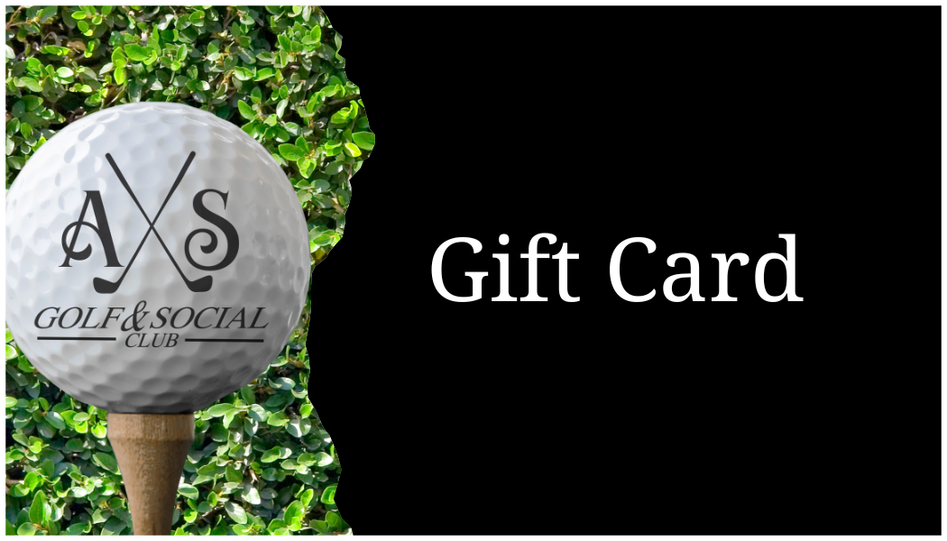 Gift card from A S Golf & Social Club featuring a golf ball with the club's logo on it, set against a background of green shrubbery.