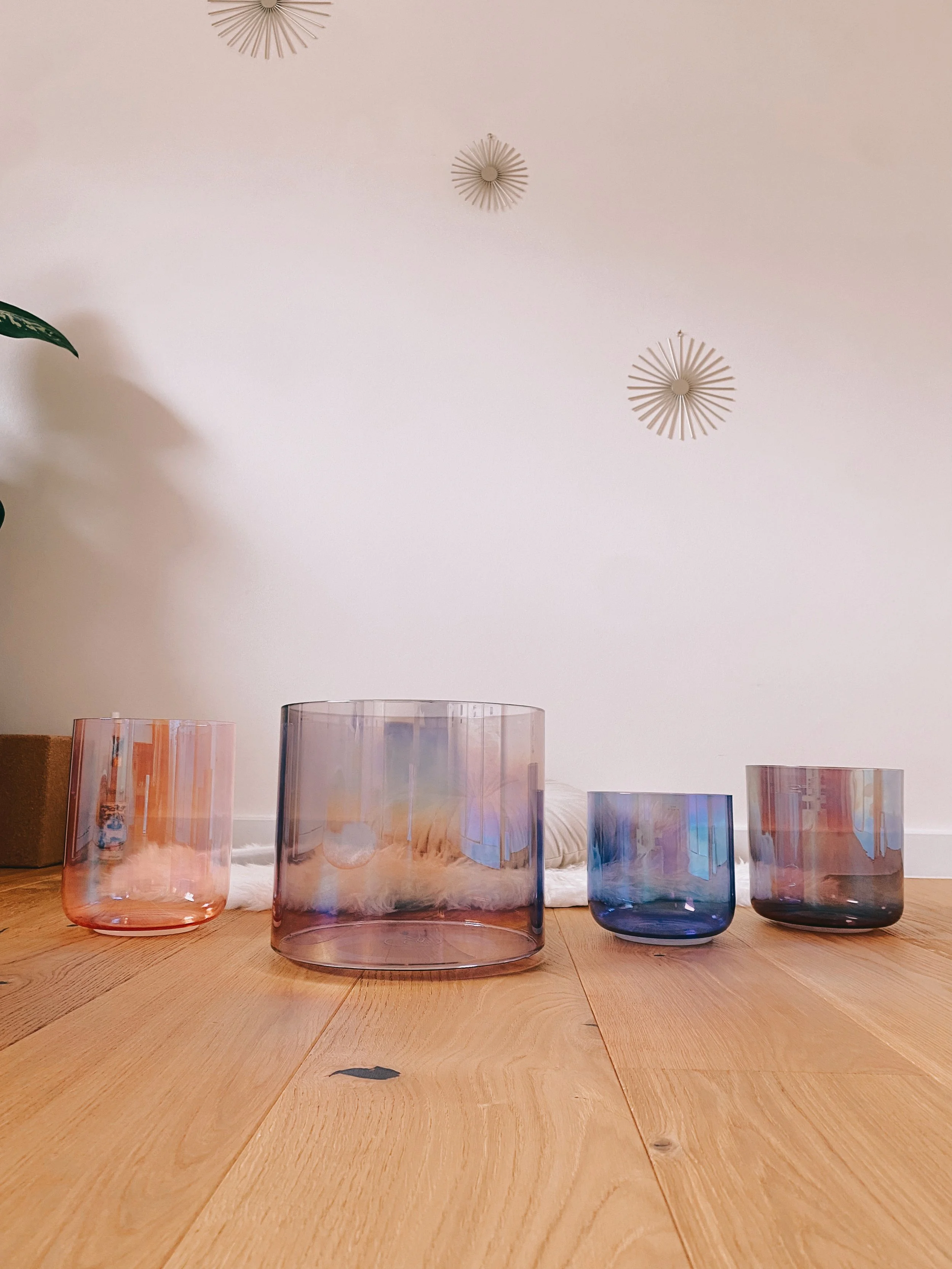 Vier bunte Kristallklangschalen auf einem Holzboden, im Hintergrund eine helle Wand mit dekorativen Wandstücken, eine Pflanze auf der linken Seite.