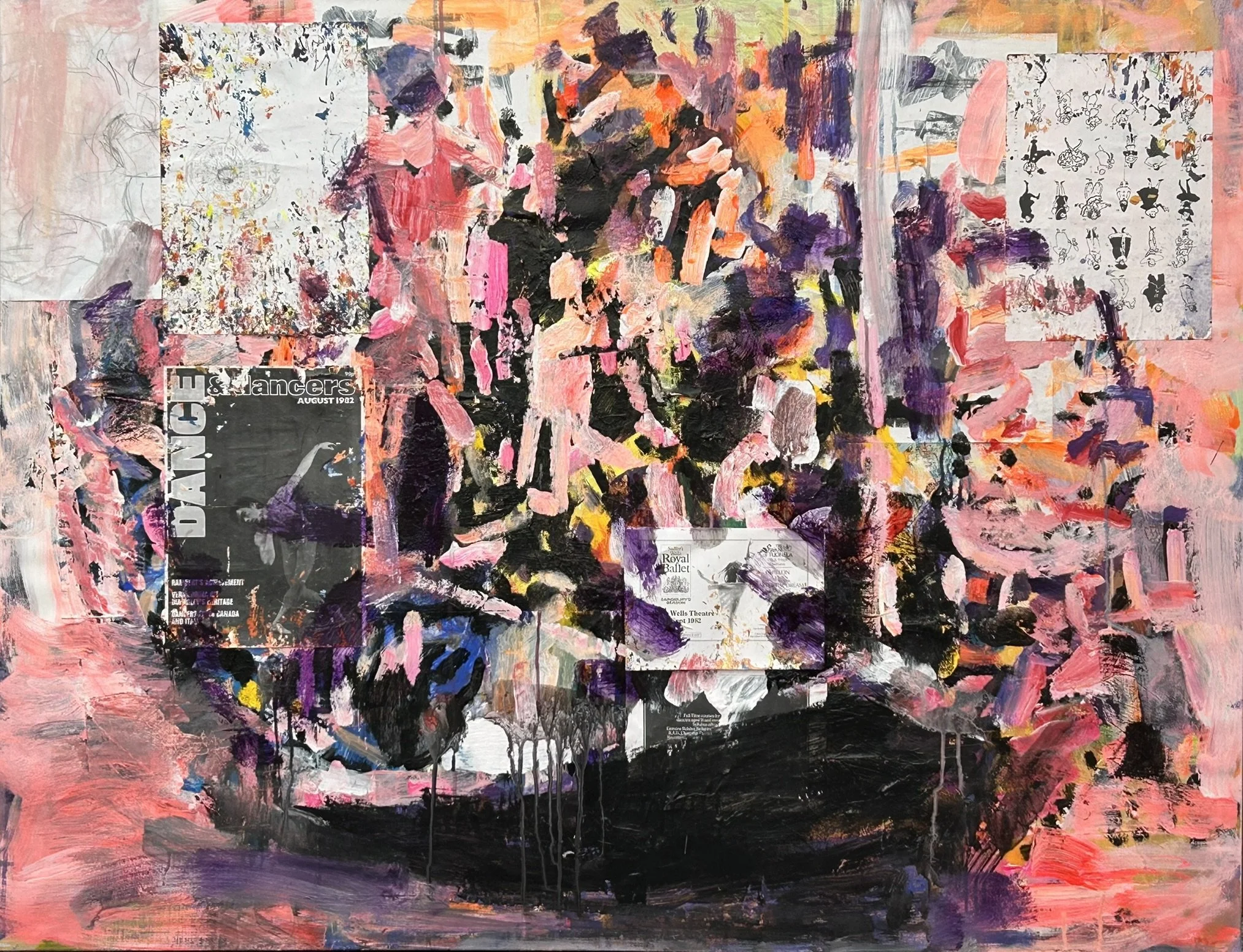 "Skib med mennesker"    2026    acryl og collage på lærred    100 x 130 cm