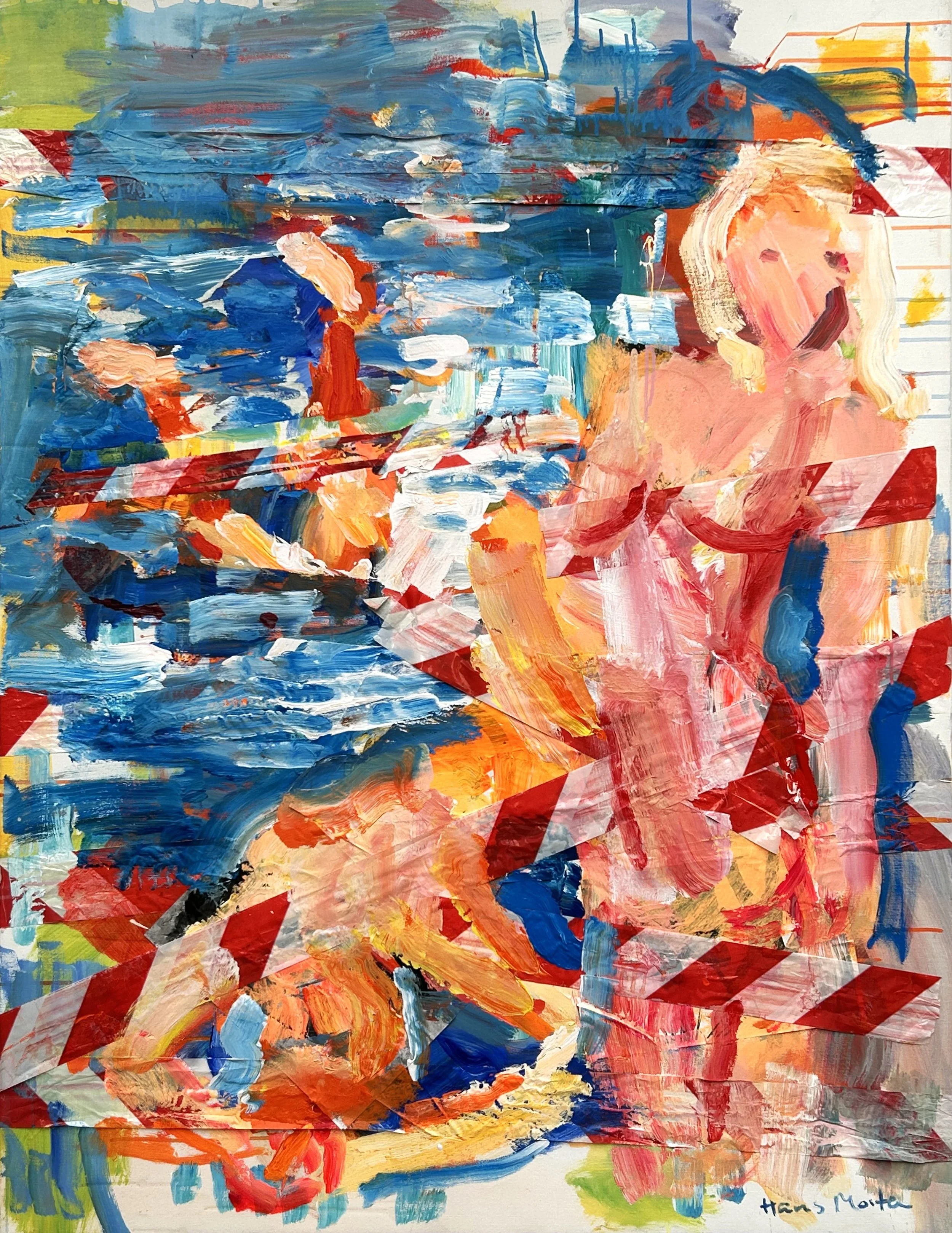 "Piger ved vandet"  (i anledning af Thøger Larsens 150 års fødselsdag)   2025    acryl og collage på lærred    130 x 100 cm