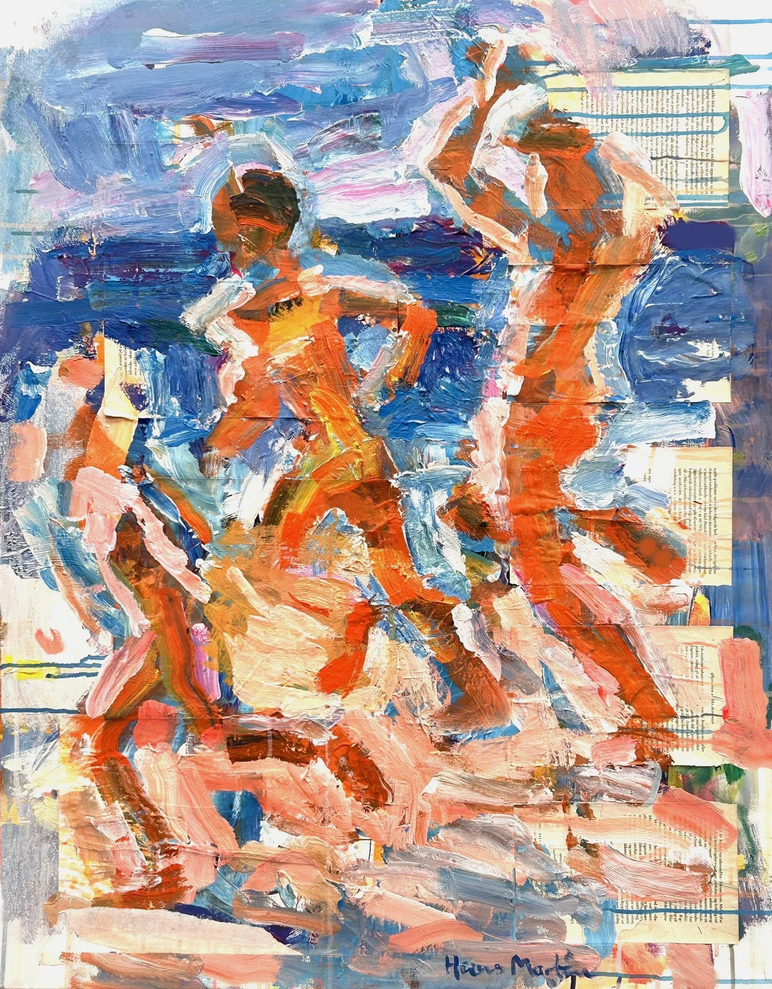 "Badende drenge" (i anledning af Thøger Larsens 150 års fødselsdag. Frit efter J.F. Villumsen)   2025   acryl og collage på lærred    65 x 50 cm