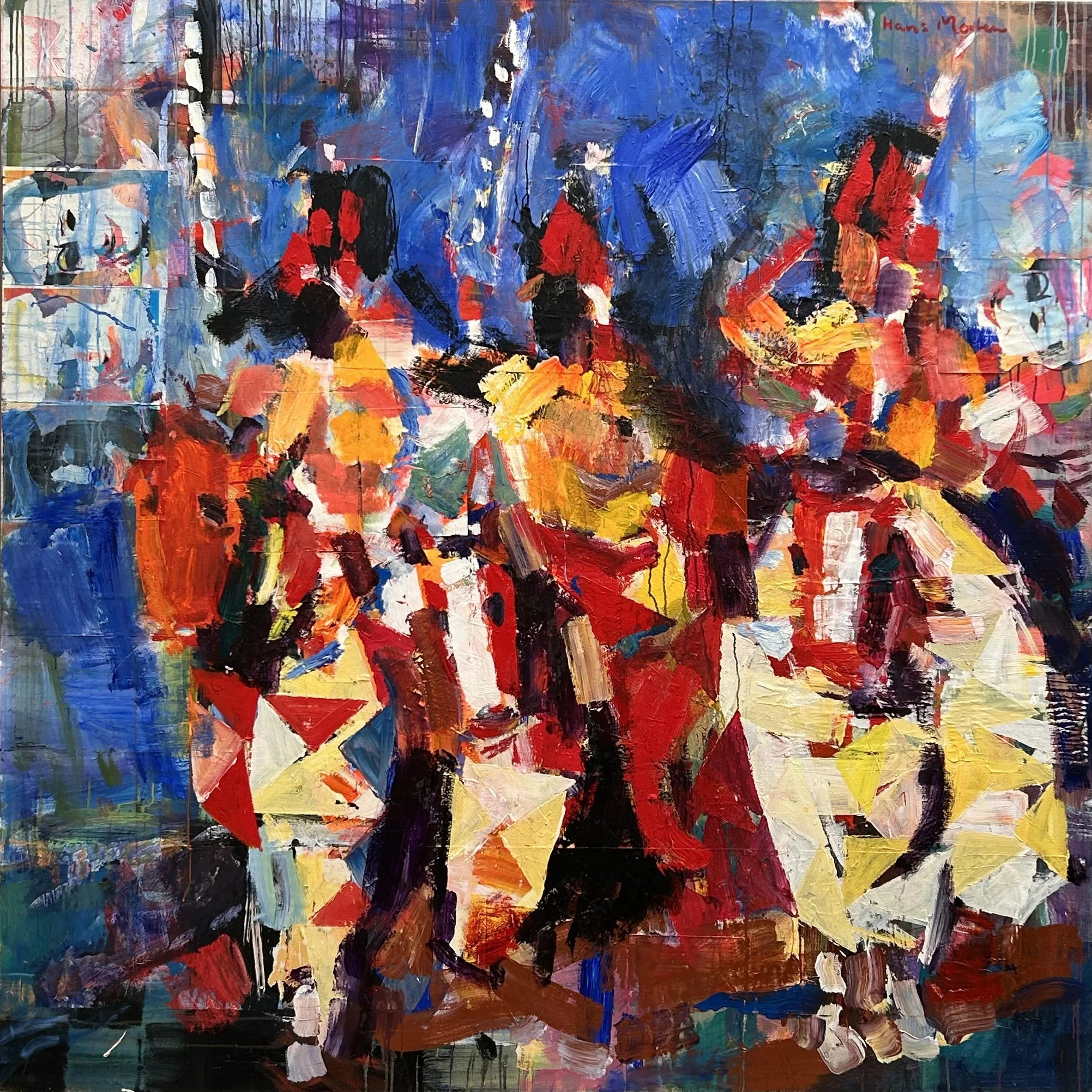 "Tre ryttere"    2014    acryl og collage på lærred    200 x 200 cm