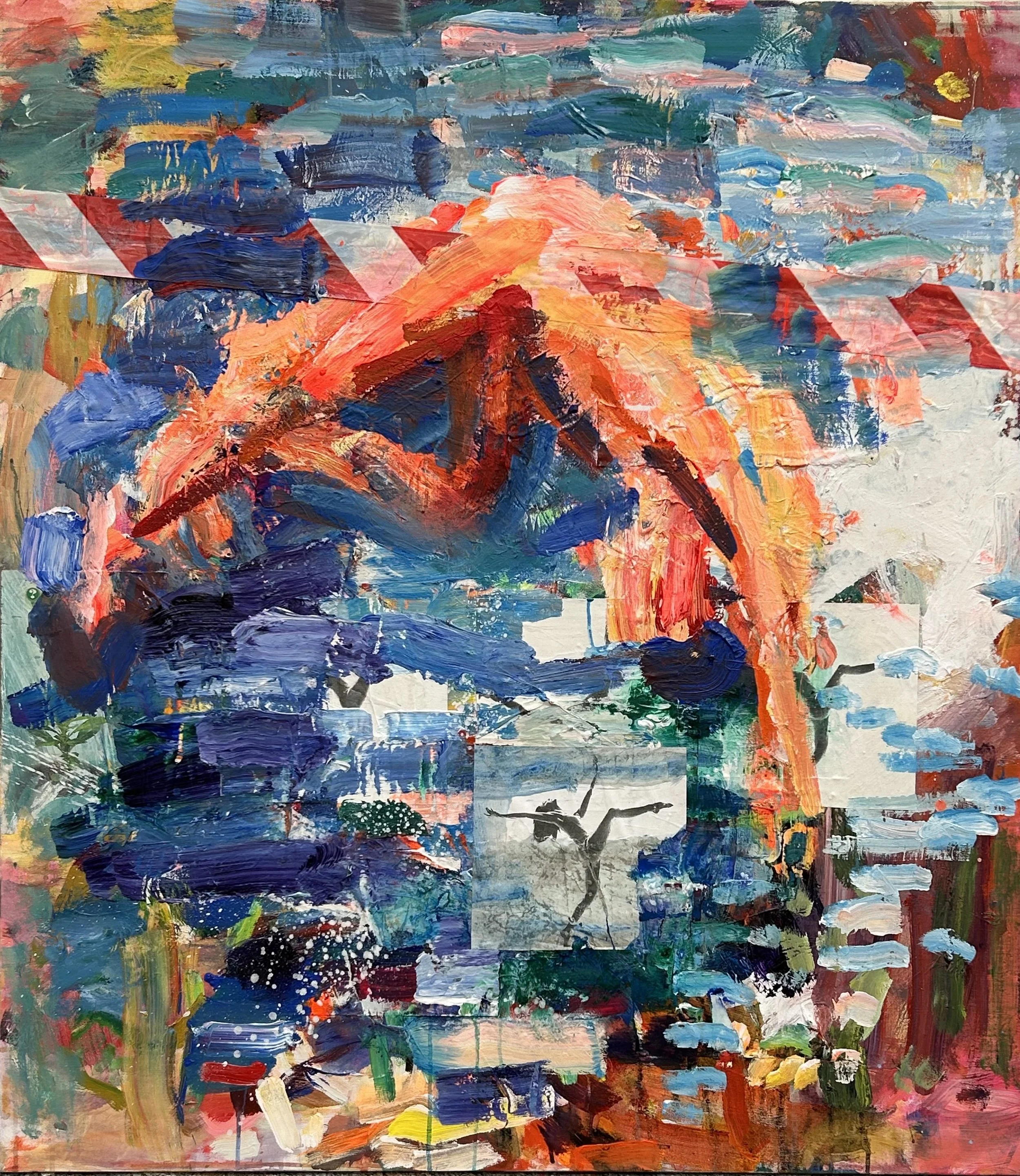 "Dreng springer i vandet" 2025 acryl og collage på lærred 114 x 100 cm