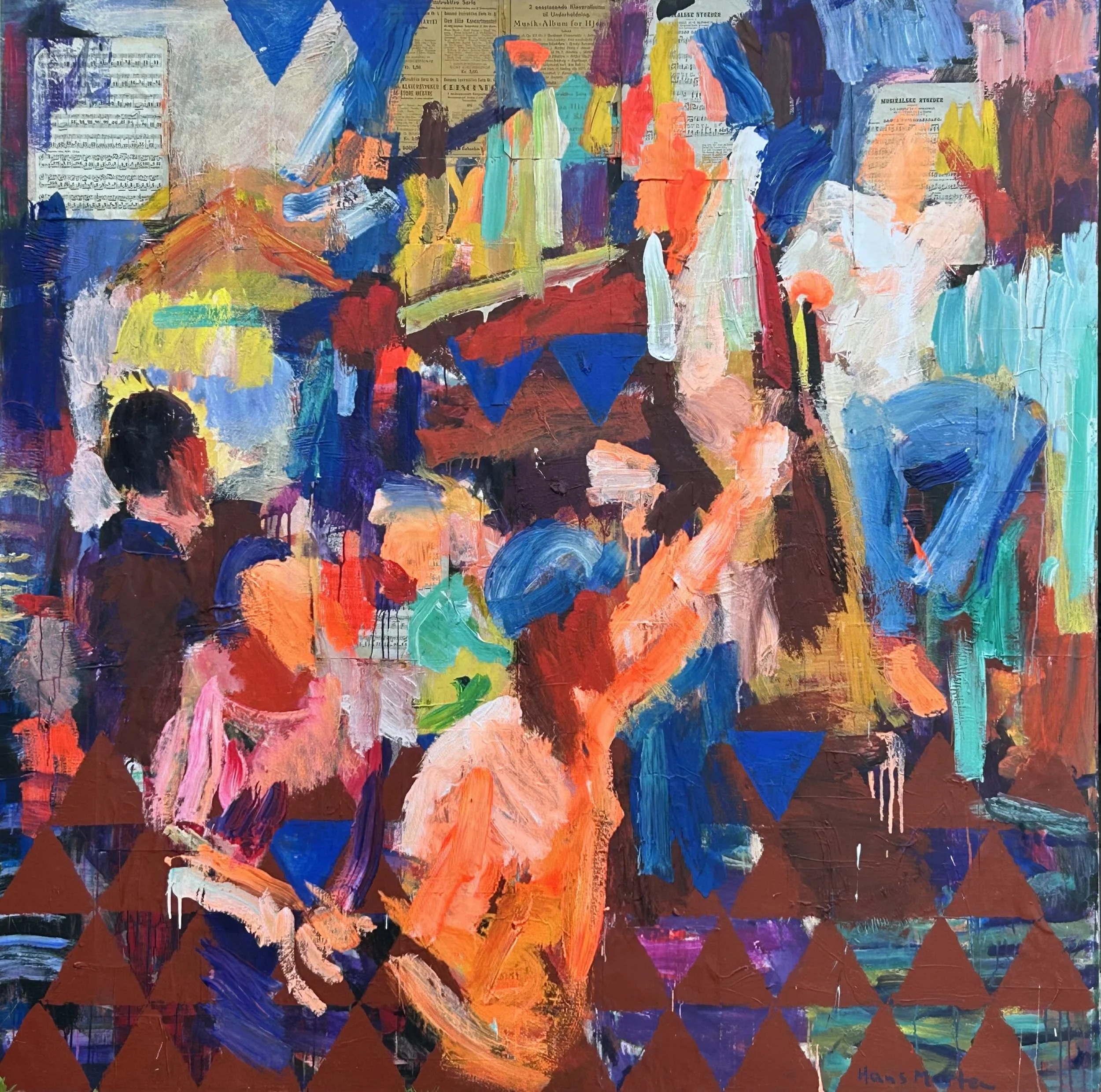 "Arbejdere, Bangladesh"   2014    acryl og collage på lærred   200 x 200 cm 
