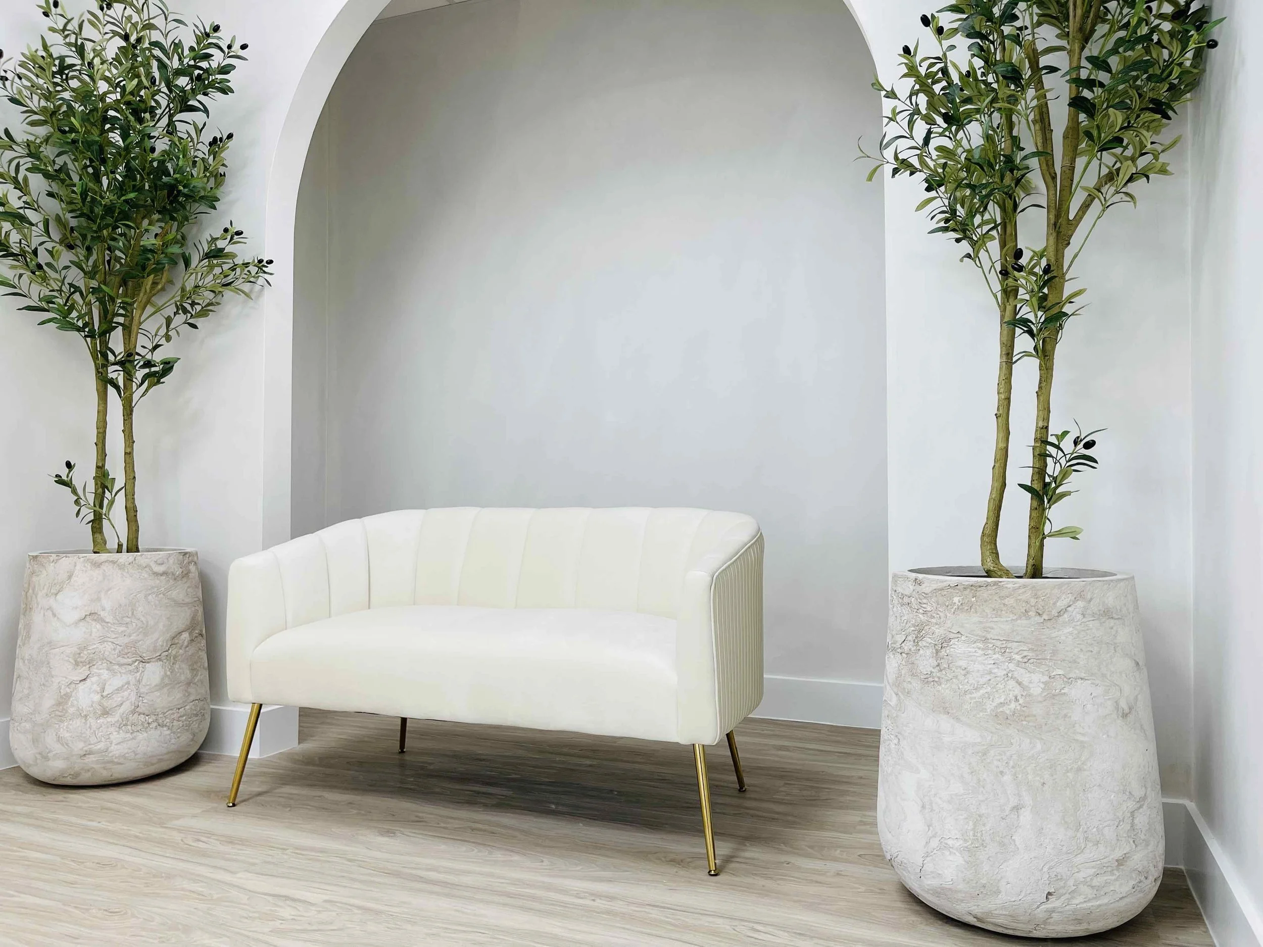 White sofa in a minimalistic room with two tall potted plants on either side, along with a white wall with an arched alcove.